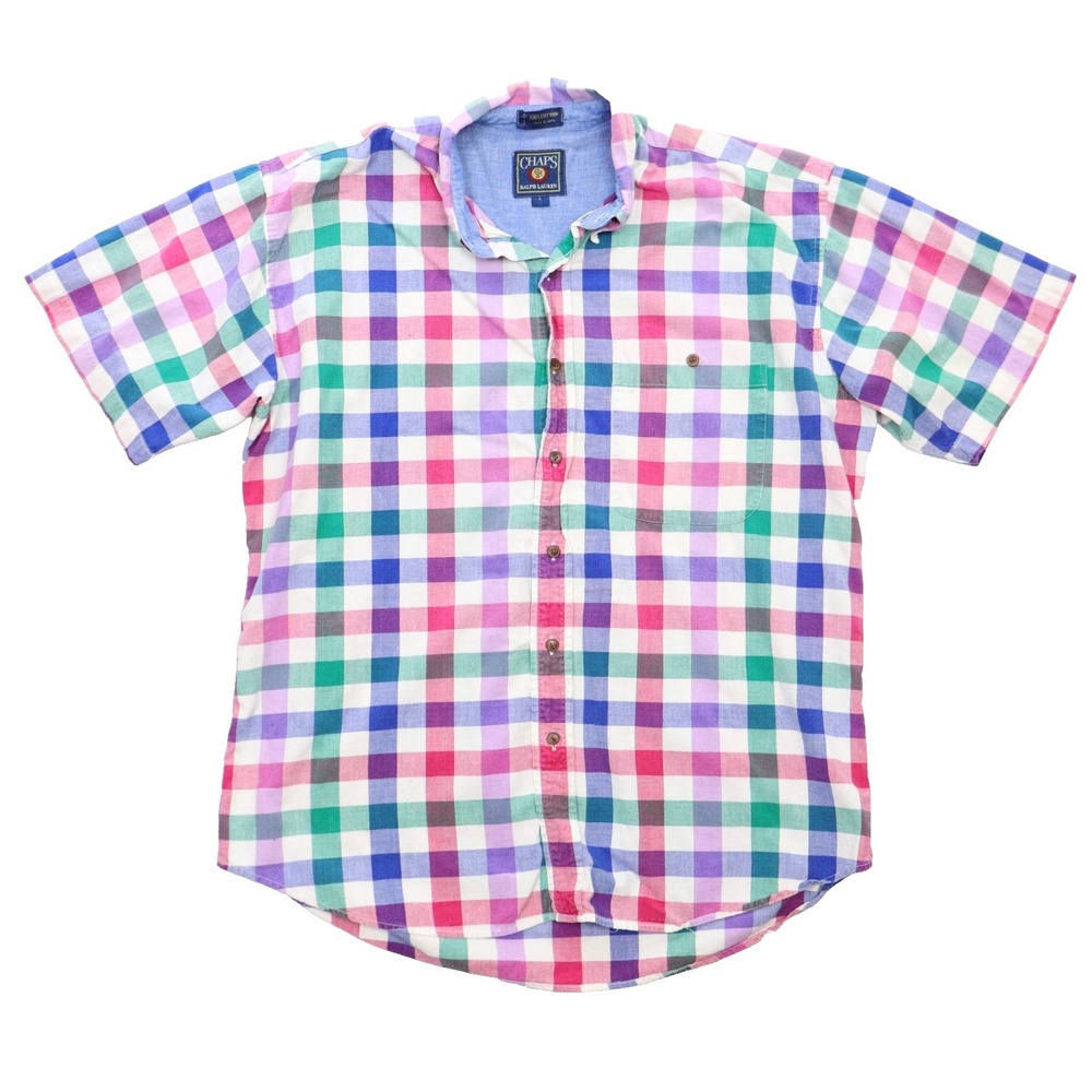 Vintage Chaps Ralph Lauren Short Sleeve Button Shirt Pink Colorful Checkered
